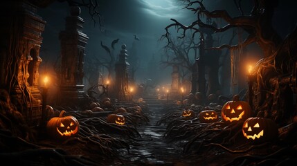 Wall Mural - spooky halloween forest with scary black trees and pumpkins on the ground, neural network