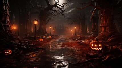 Wall Mural - spooky halloween forest with scary black trees and pumpkins on the ground, neural network
