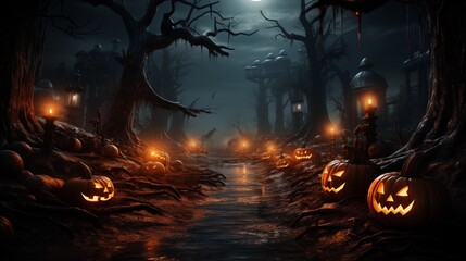 Wall Mural - spooky halloween forest with scary black trees and pumpkins on the ground, neural network