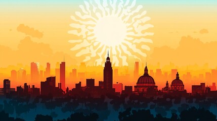 Sticker - Silhouettes of buildings against a fiery sunset.