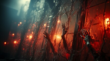 Wall Mural - Spooky many zombie hands outside the window, red glowing light. Halloween or horror movie concept.