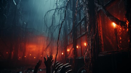 Wall Mural - Spooky many zombie hands outside the window, red glowing light. Halloween or horror movie concept.