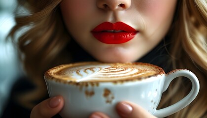 Wall Mural - Elegant close-up of a woman savoring cappuccino, vibrant red lipstick accentuating her lips, showcasing the rich texture of coffee in a photorealistic scene