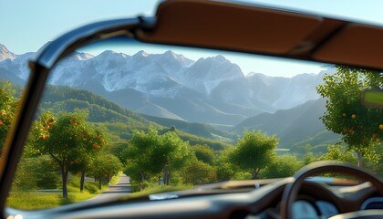 Wall Mural - Scenic Mountain View from Car Interior with Natures Beauty and Vibrant Fruits Surrounding Steering Wheel