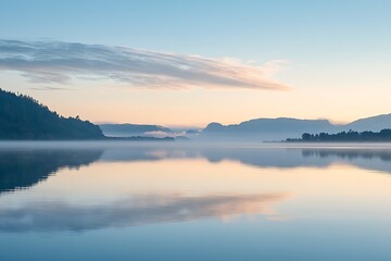 Poster - Misty Morning over Still Lake with Mountain Silhouette