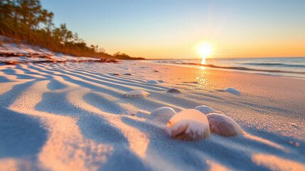 Peaceful beach scene at sunrise with shells on the sandy shore, waves in the distance, and soft sunlight casting long shadows across the sand.