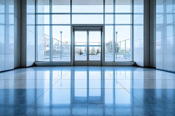 Canvas Print - Modern glass doors leading to an outdoor walkway with a blue sky background.