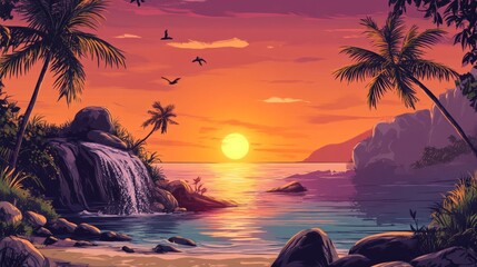 Sunset over a tropical bay with a waterfall.