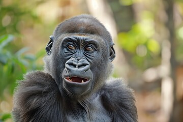 Wall Mural - Gorilla close-up portrait outdoors in jungle environment. Playful monkey face with strong features, smirking expression. Green foliage surrounds the primate in a natural setting.
