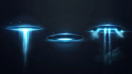 Wall Mural - Three unidentified flying objects emitting blue light.