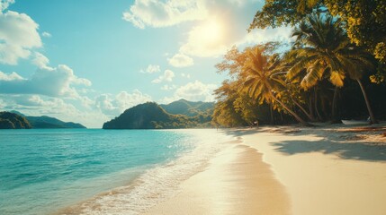 Wall Mural - Tranquil tropical beach with palm trees and turquoise water.