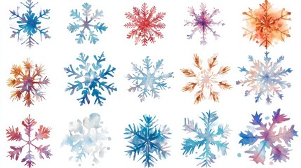 Watercolor snowflakes in blue and orange hues.