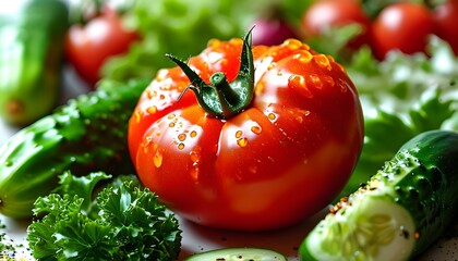 Wall Mural - Fresh Organic Vegetables: Colorful Tomatoes, Crisp Cucumbers, and Vibrant Peppers for a Healthy Salad Delight