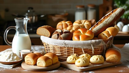 Delicious spread of baked goods, flour, and healthy snacks on a kitchen table ready for lunch or a delightful snack experience