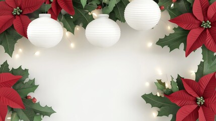 Poster - White lanterns and red poinsettia flowers on a white background with festive lights.