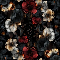 Poster - Dark academia gothic floral seamless pattern for background design. Intricate floral shapes, dark colors, abstract graphics, black texture, wallpaper style, decorative art illustration,