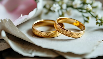 Intertwined gold wedding rings resting elegantly on delicate paper