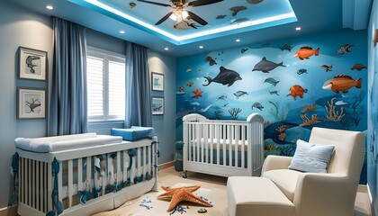 Wall Mural - Whimsical baby nursery featuring a blue ceiling and enchanting sea creature mural