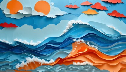 Wall Mural - Vibrant paper artwork depicting a blue ocean with striking orange and red waves beneath a colorful cloudscape