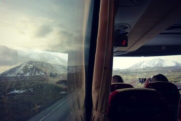 Mountain view from coach bus window