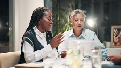 Sticker - Business women, teamwork and document in meeting at night for advice, support and planning of startup project. Mature graphic designer, mentor and manager talking with feedback and internship