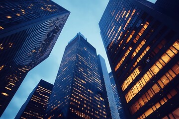 Wall Mural - Low angle view of modern skyscrapers at dusk, city skyline with illuminated windows