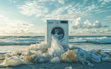 A washing machine spitting out plastic waste on the beach, wide shot. Minimal creative environment concept. Copy space.