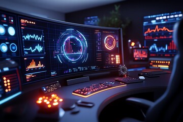 Aufkleber - Futuristic analytics control center, with glowing holographic data charts and business performance metrics