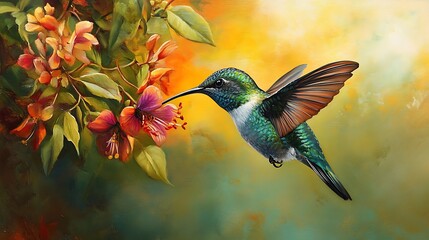 Poster - Hummingbird in Flight, Feeding on Flowers