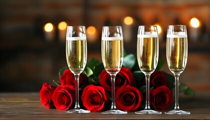 Romantic setting with champagne glasses and a bouquet of red roses on an elegant table