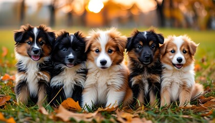 Wall Mural - Charming Autumn Portraits of Playful Puppies Amidst Colorful Fall Leaves in Soft Sunset Light