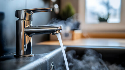 Hot Water Faucet in Kitchen Sink, Realistic Image