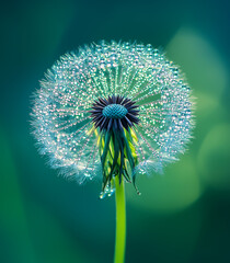 Wall Mural - A delicate dandelion seed covered in dew, showcasing its intricate patterns and vibrant green hues, is captured through macro photography.