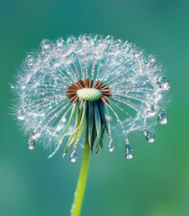 Wall Mural - A delicate dandelion seed covered in dew, showcasing its intricate patterns and vibrant green hues, is captured through macro photography.