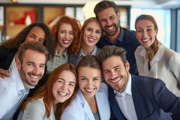 Group of business professionals smiling confidently. Colleagues posing together with happy expressions. Manager and team members looking at the camera in office setting.