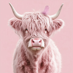 A pink Highland cow stands out against a pastel pink background.