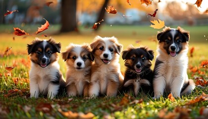 Wall Mural - Charming Autumn Portraits of Playful Puppies Amidst Colorful Fall Leaves in Soft Sunset Light