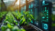 © Lerson - A close up view of healthy crop data displayed on digital screens in greenhouse, showcasing integration of technology and agriculture. vibrant plants thrive in this innovative environment
