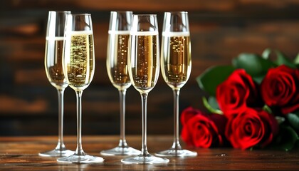 Romantic setting with champagne glasses and a bouquet of red roses on an elegant table