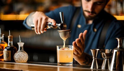 Wall Mural - Bartender skillfully pouring drink from shaker into glass