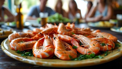 Wall Mural - Gathering around a table sharing a delicious plate of shrimp among friends