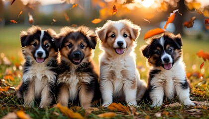 Wall Mural - Charming Autumn Portraits of Playful Puppies Amidst Colorful Fall Leaves in Soft Sunset Light