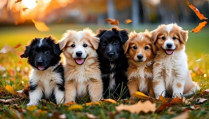 Wall Mural - Charming Autumn Portraits of Playful Puppies Amidst Colorful Fall Leaves in Soft Sunset Light