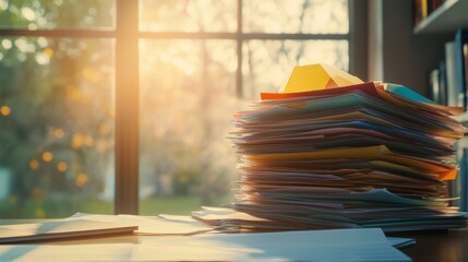 Wall Mural - Stacked Papers in Sunlit Workspace