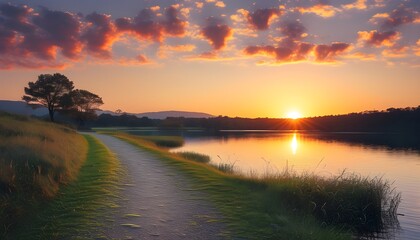 Wall Mural - Pathway to Tranquility: Serene Lake at Sunset