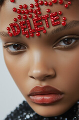 A woman's forehead has the word 'DELETE' written in red sequins.Minimal creative fashion concept.Copy space.