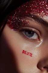 A woman's forehead has the word 'DELETE' written in red sequins.Minimal creative fashion concept.Copy space.