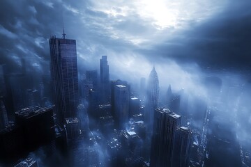 Wall Mural - Dark city skyline with fog and cloudy sky, futuristic urban landscape