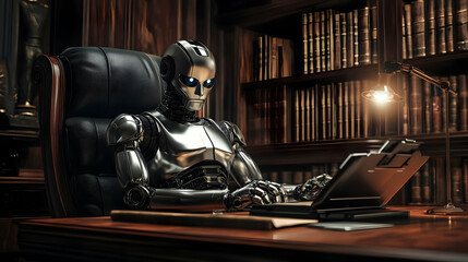 Poster - 3D Illustration of a Robot Sitting in a Library