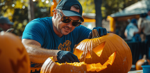 A man is carving the body of an orange pumpkin.Minimal creative Halloween holiday concept.